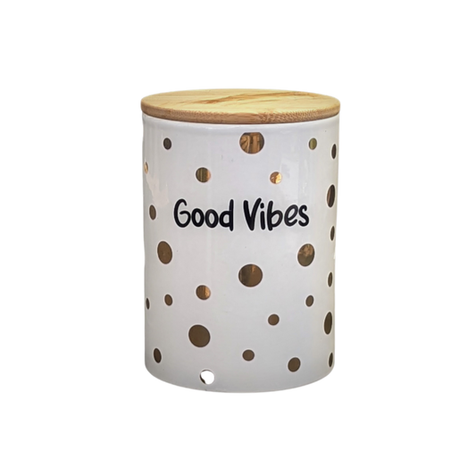 Stash Jar White/Gold Dots Good Vibes