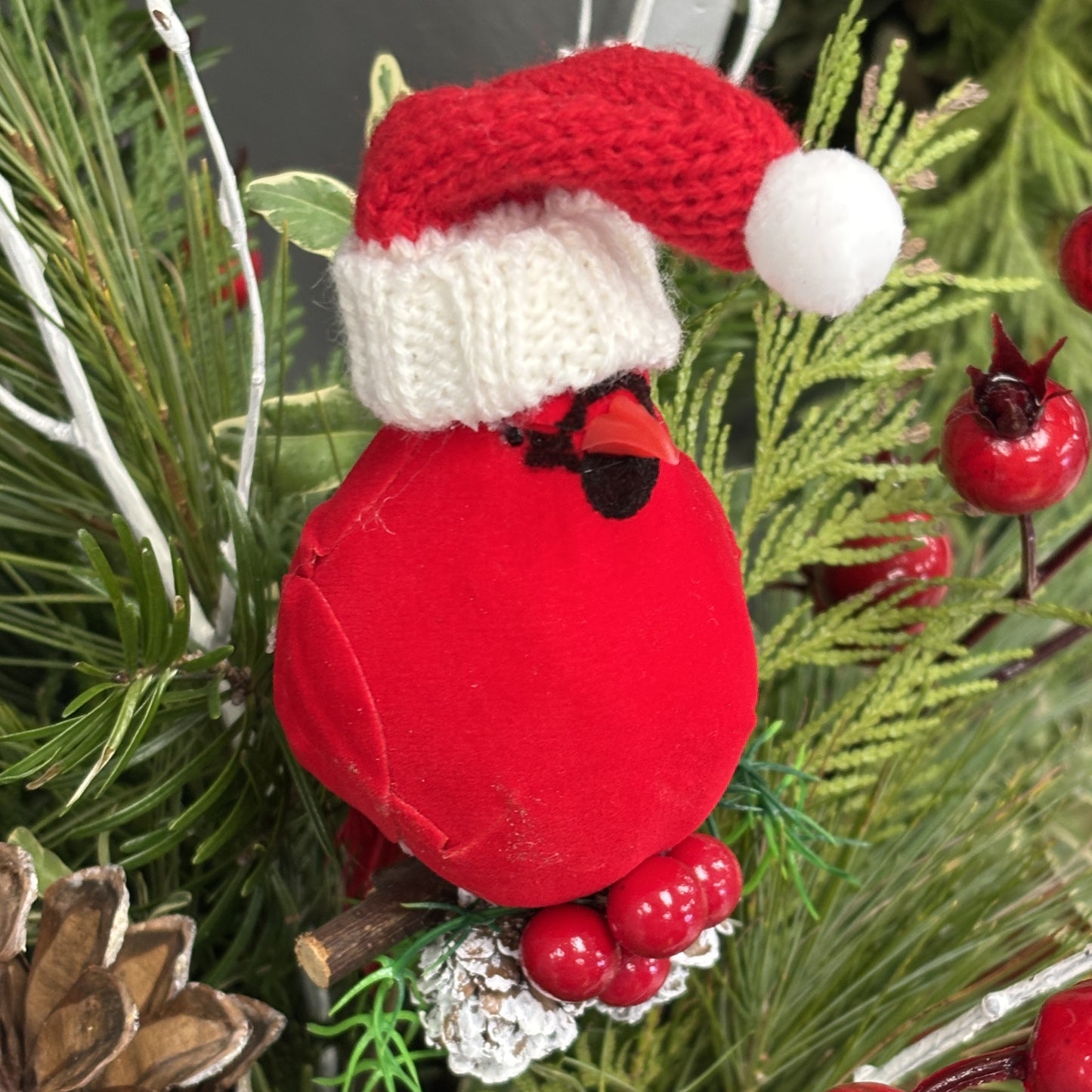 Fresh Greens Centrepiece Cardinal with Santa's Hat