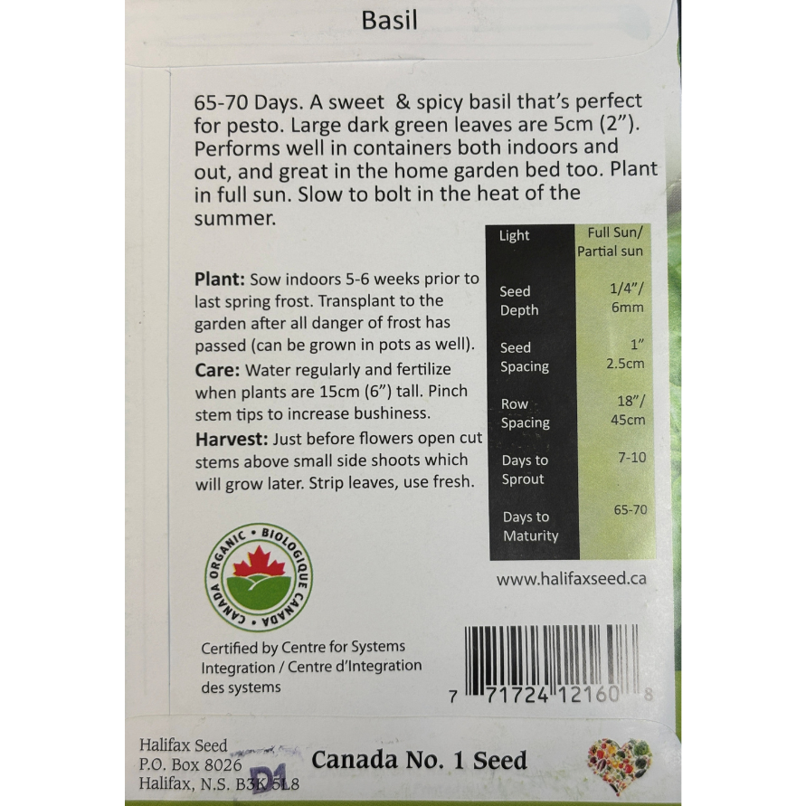 Halifax Seed Herb Organic Basil Genovese Pkg.