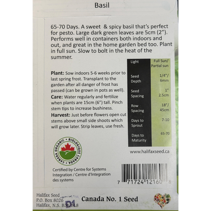 Halifax Seed Herb Organic Basil Genovese Pkg.