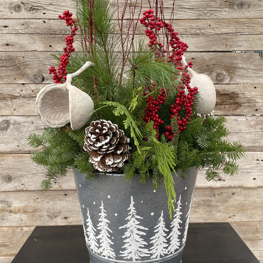 Christmas Planter White Trees Metal Pot 12x10"