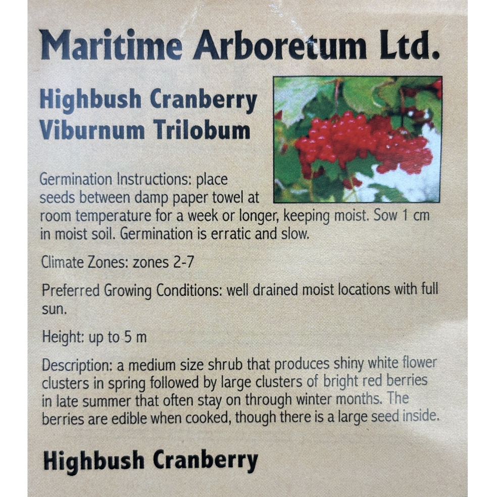 Maritime Arboretum Seed Highbush Cranberry