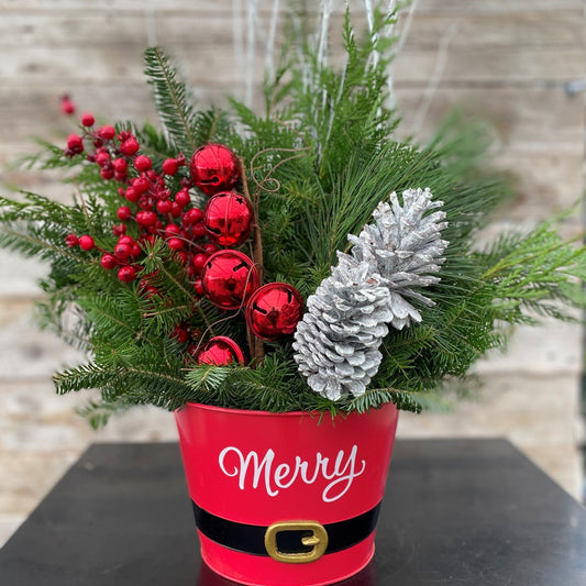 Christmas Planter 'Merry' w/Santa Belt 8" Metal Pot