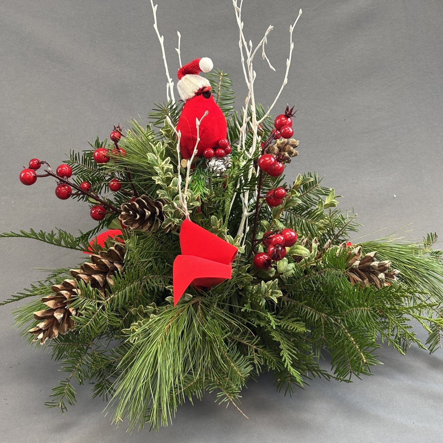 Fresh Greens Centrepiece Cardinal with Santa's Hat