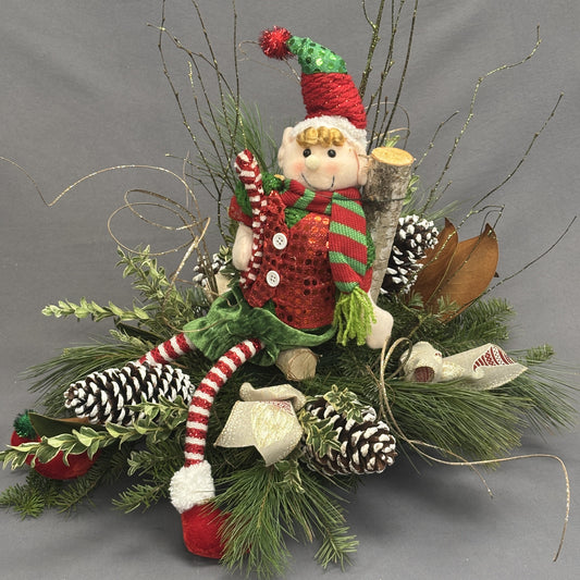 Fresh Greens Centrepiece with Elf and Cones