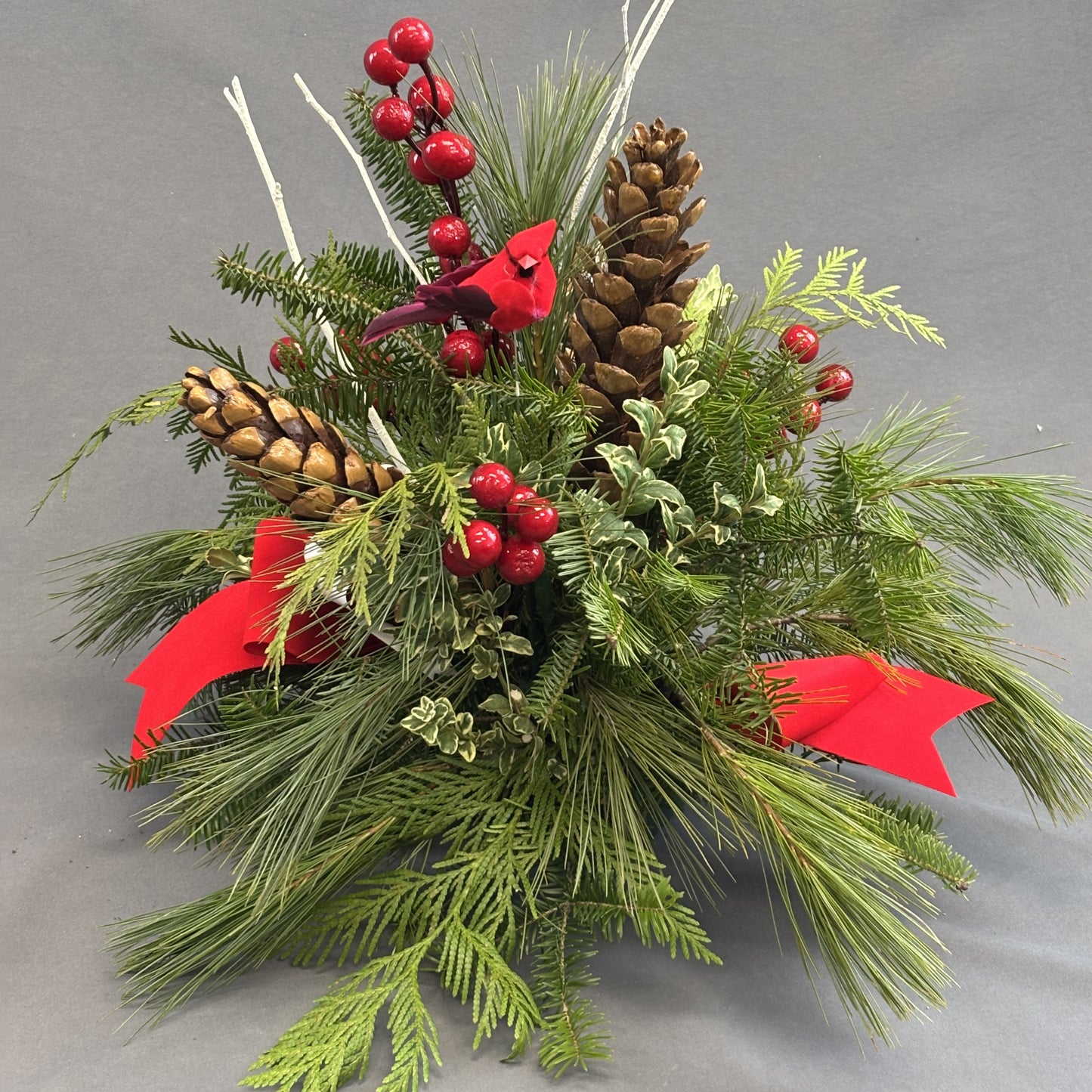 Fresh Greens Centrepiece Cardinal with Cones