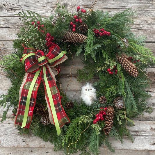 Fresh Wreath 16" Decorated Deluxe 'Owl/Curly Willow'